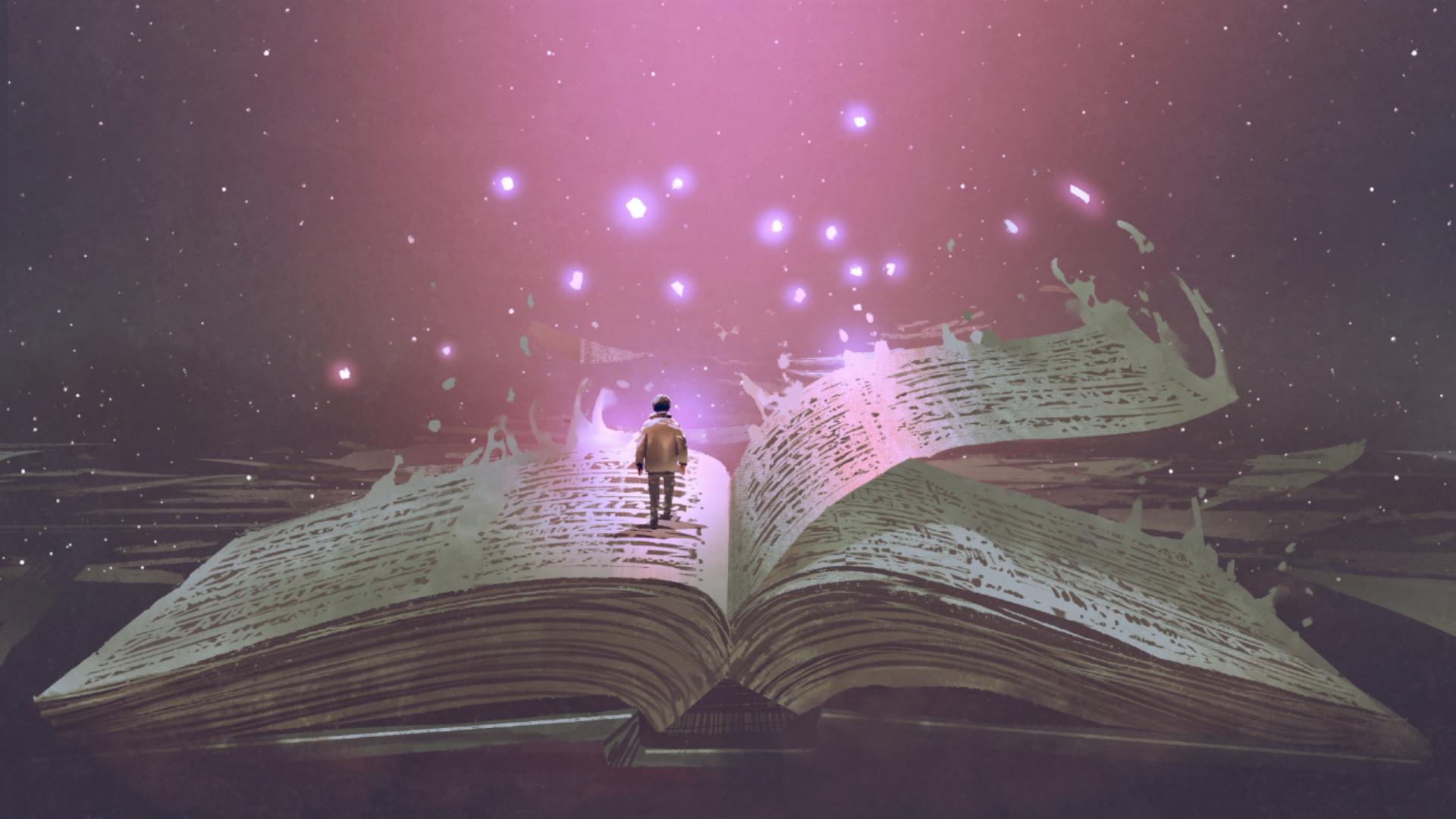 A lone traveler walks across the pages of a giant open book toward glowing purple lights beneath a star-filled sky, symbolizing a journey through stories, mysteries, and forgotten worlds.